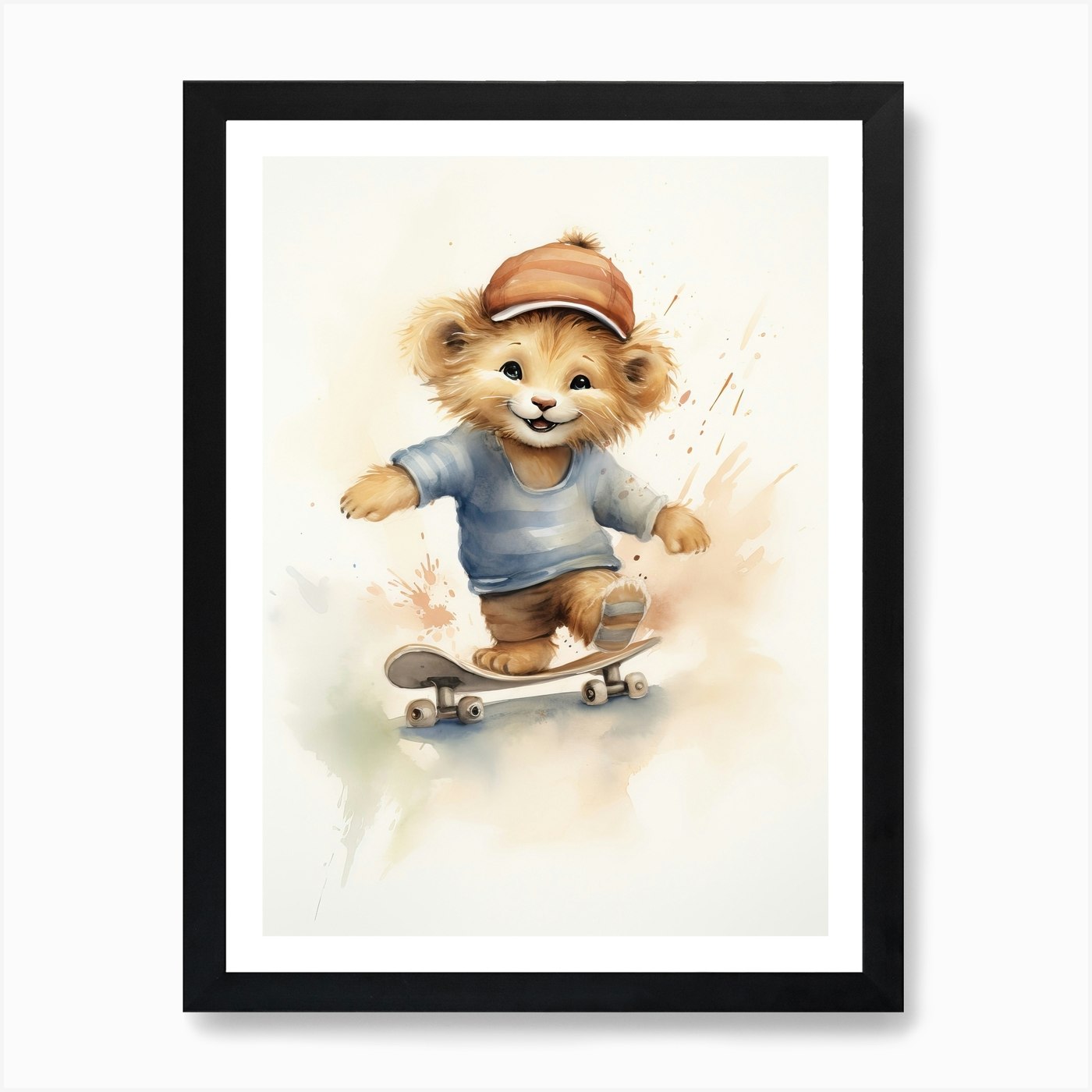 Skateboarding Watercolour Lion Art Framed Wall Art Poster Canvas Print Picture