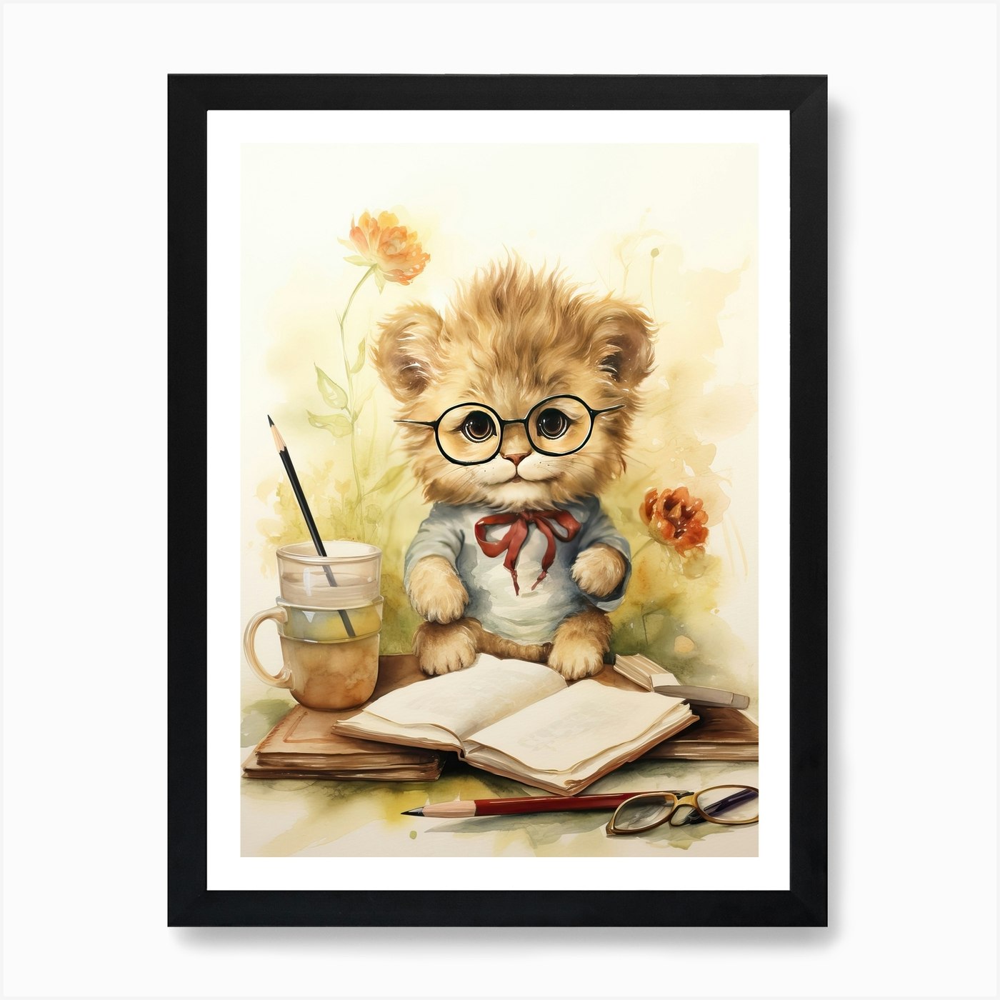 Writing Watercolour Lion Art Painti Framed Wall Art Poster Canvas Print Picture