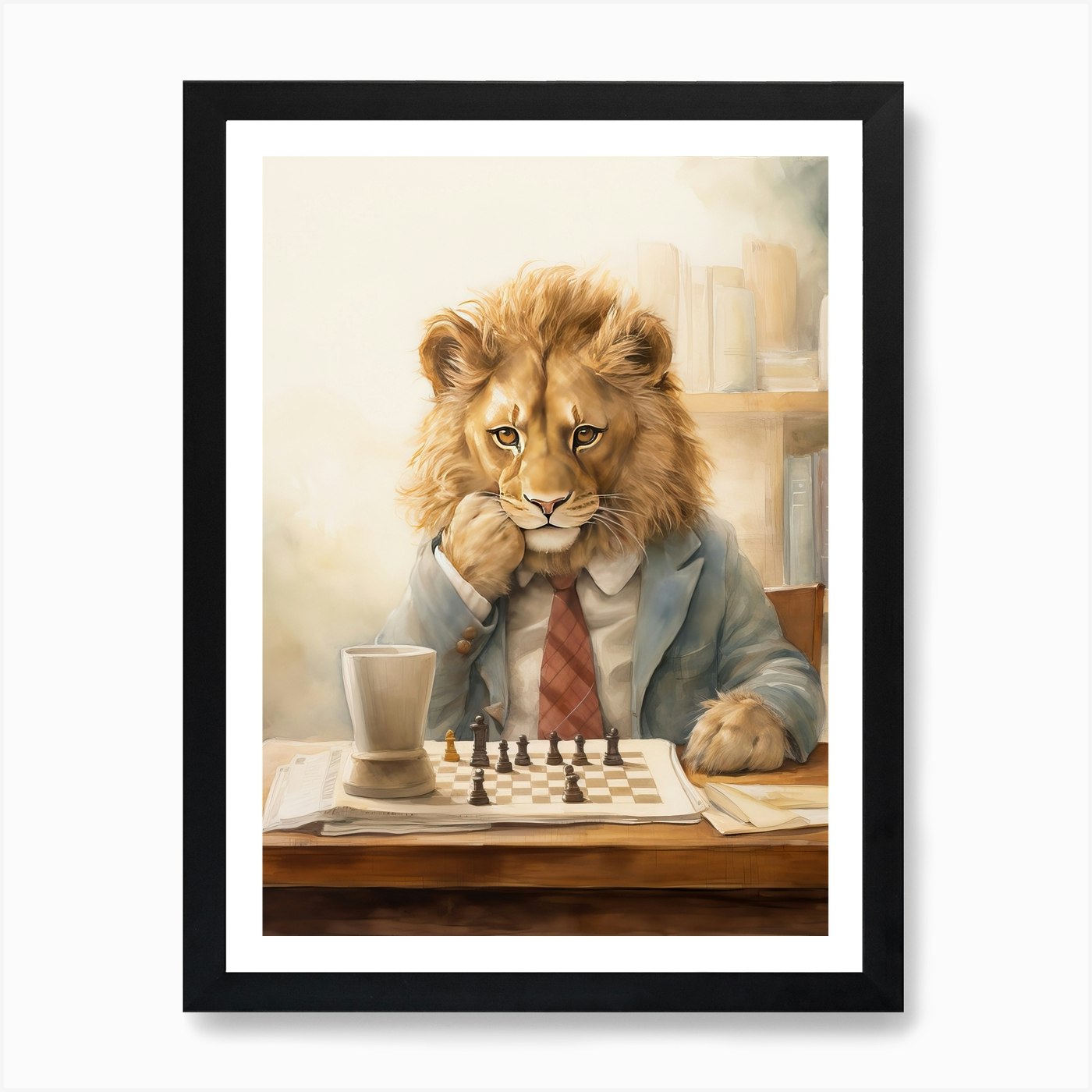 Playing Chess Watercolour Lion Art Framed Wall Art Poster Canvas Print Picture