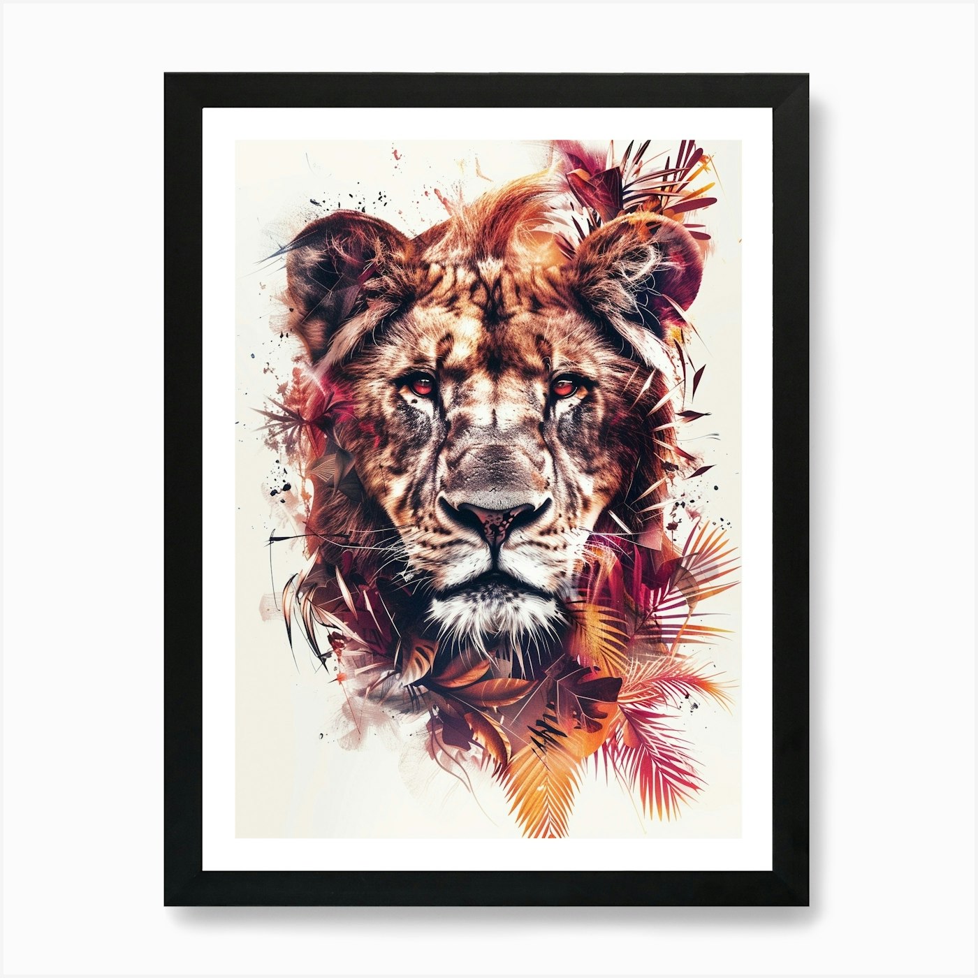 Double Exposure Realistic Lion With Framed Wall Art Poster Canvas Print Picture