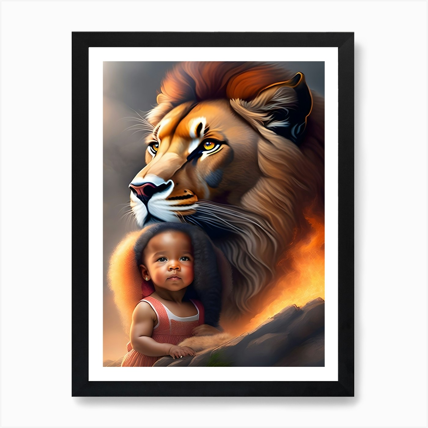 fire lion and baby girl 1 Art Print Framed Wall Art Poster Canvas Print Picture