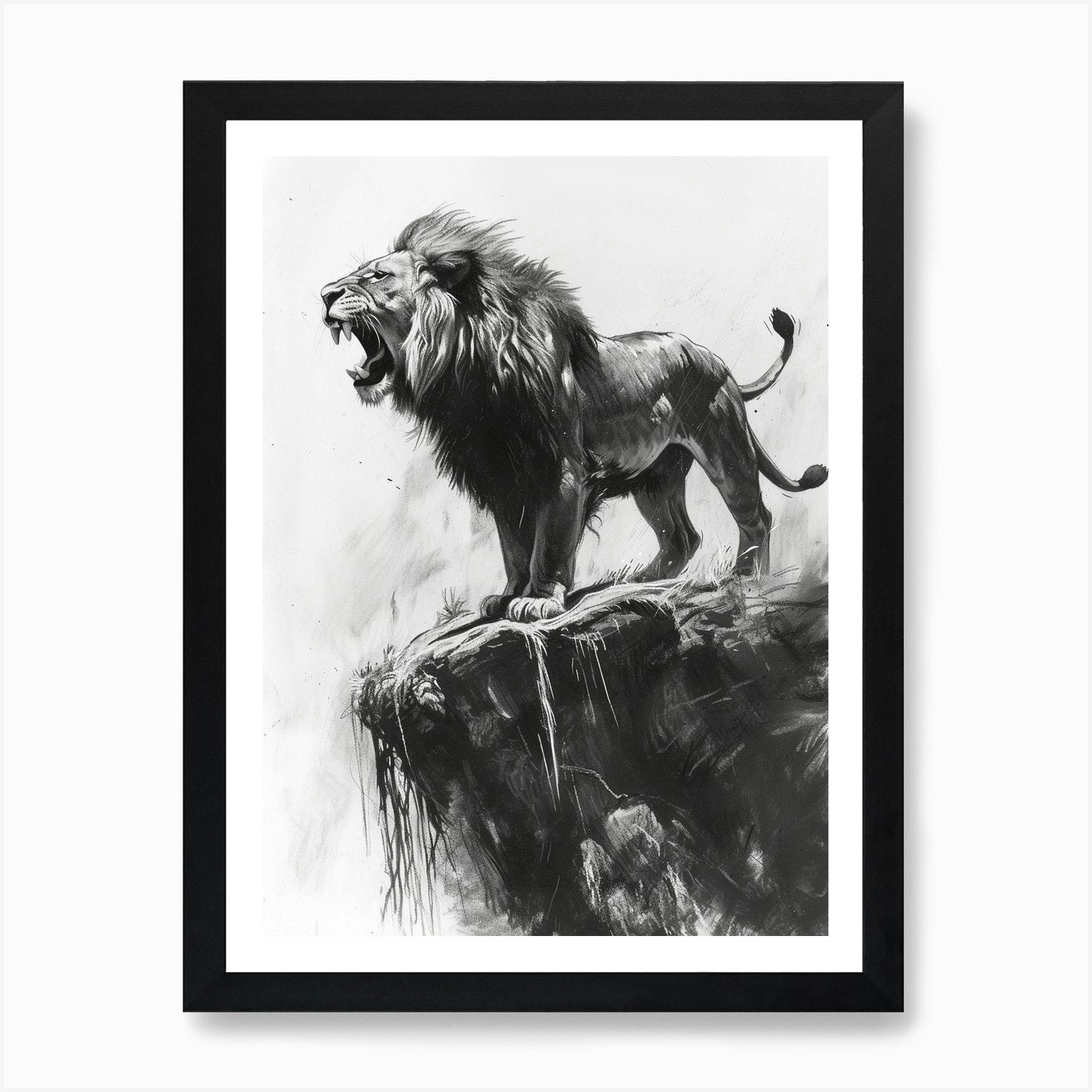 African Lion Charcoal Drawing Roari Framed Wall Art Poster Canvas Print Picture