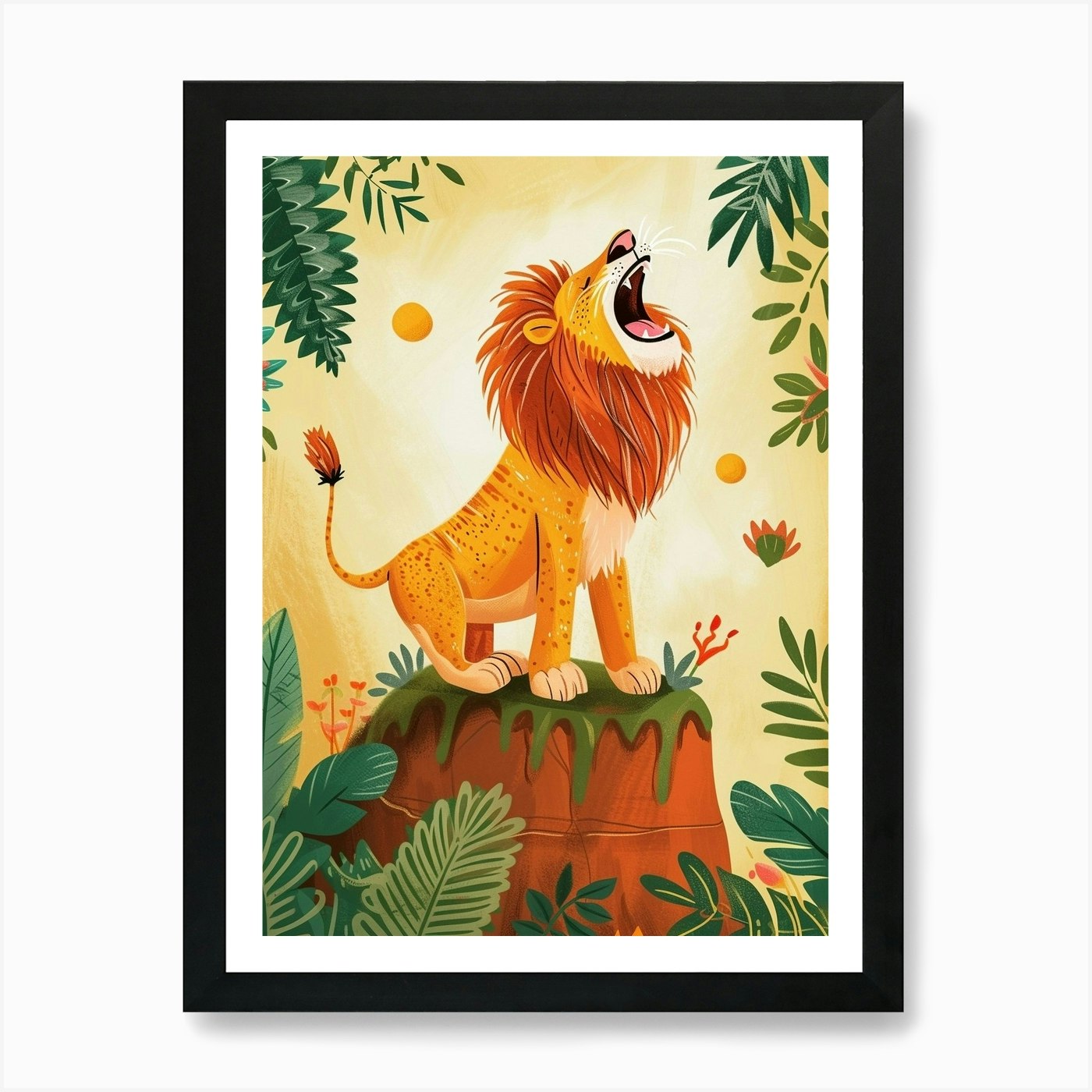 African Lion Roaring On A Cliff Ill Framed Wall Art Poster Canvas Print Picture