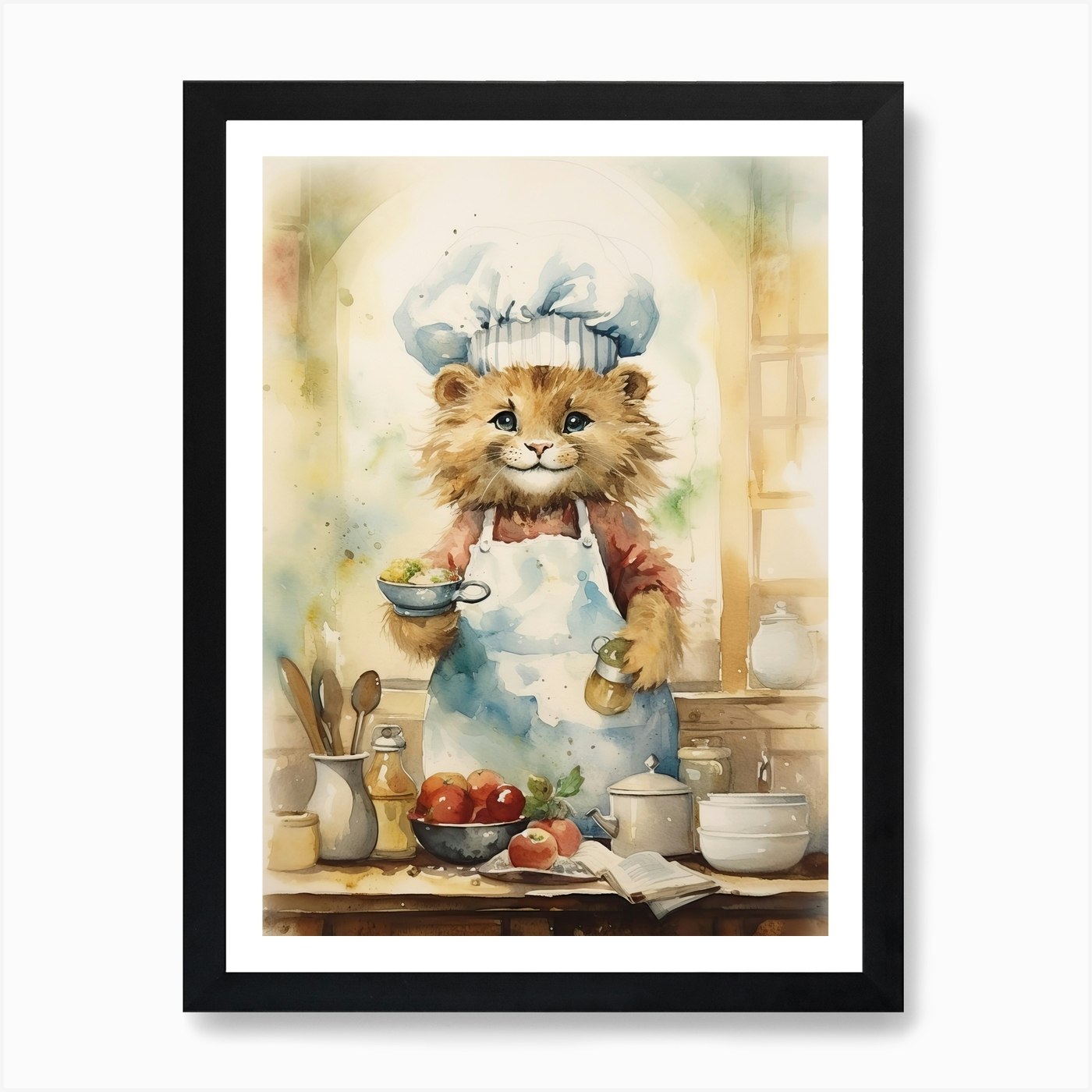 Cooking Watercolour Lion Art Painti Framed Wall Art Poster Canvas Print Picture