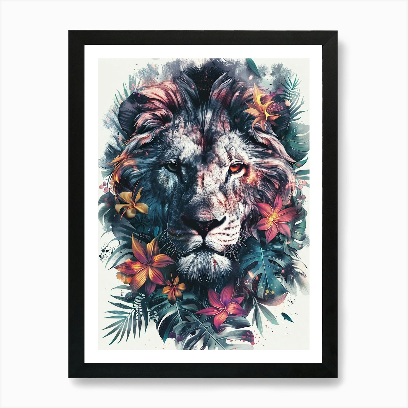 Double Exposure Realistic Lion With Framed Wall Art Poster Canvas Print Picture