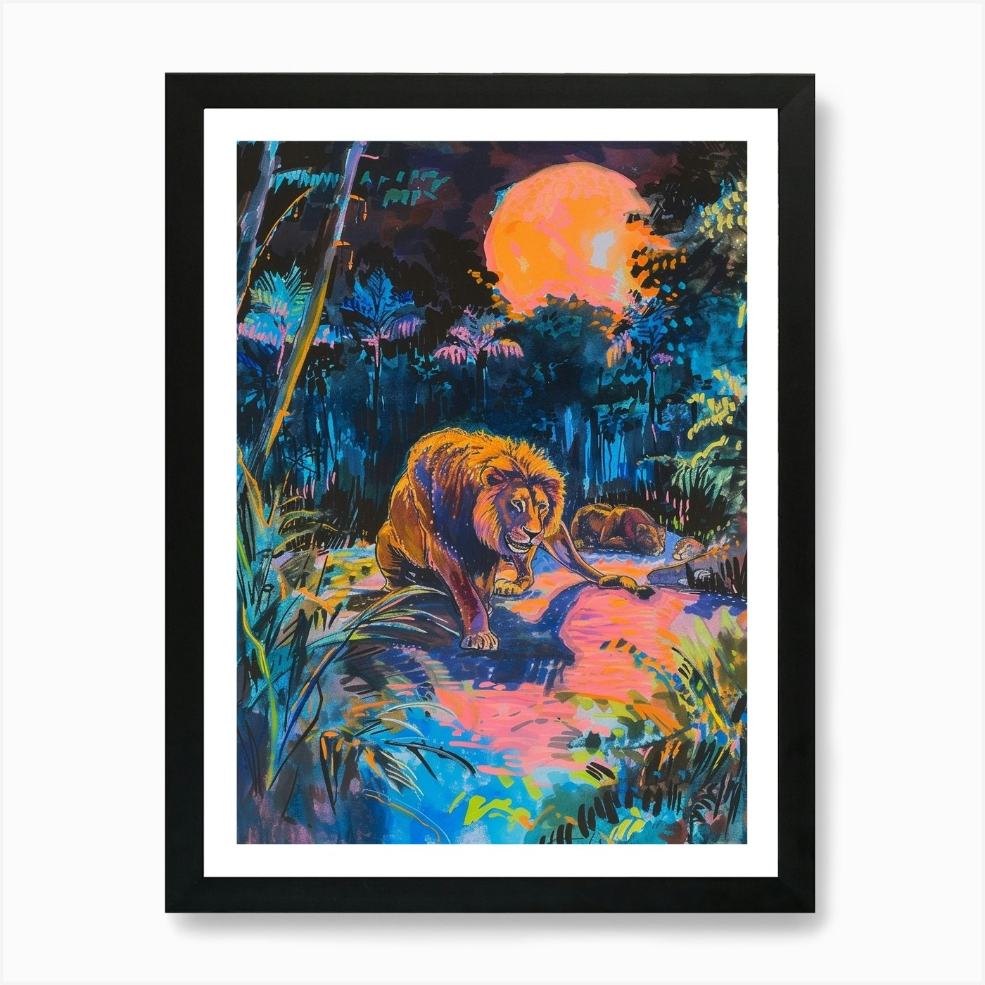 Masai Lion Night Hunt Fauvist Paint Framed Wall Art Poster Canvas Print Picture