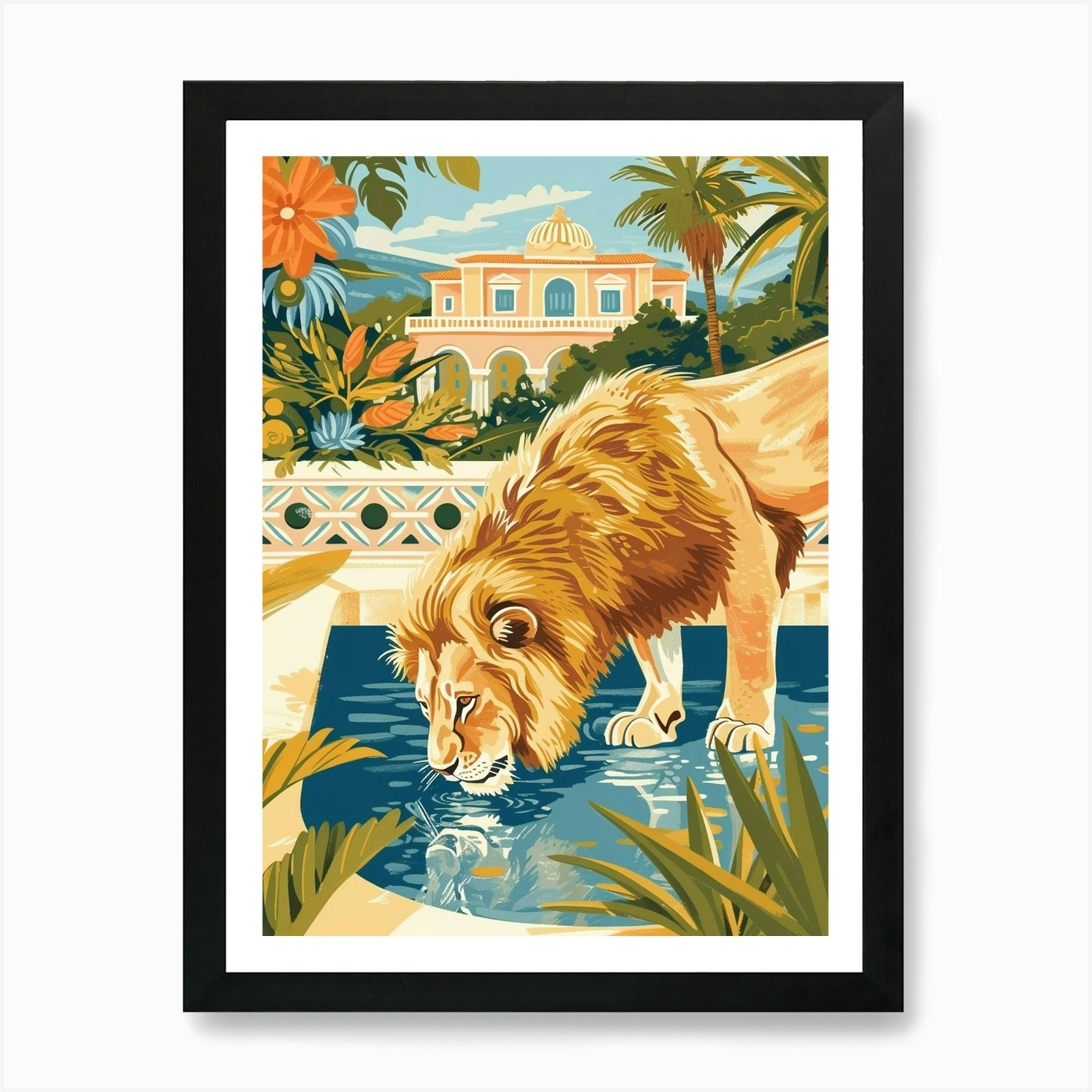 Barbary Lion Drinking Illustration Framed Wall Art Poster Canvas Print Picture