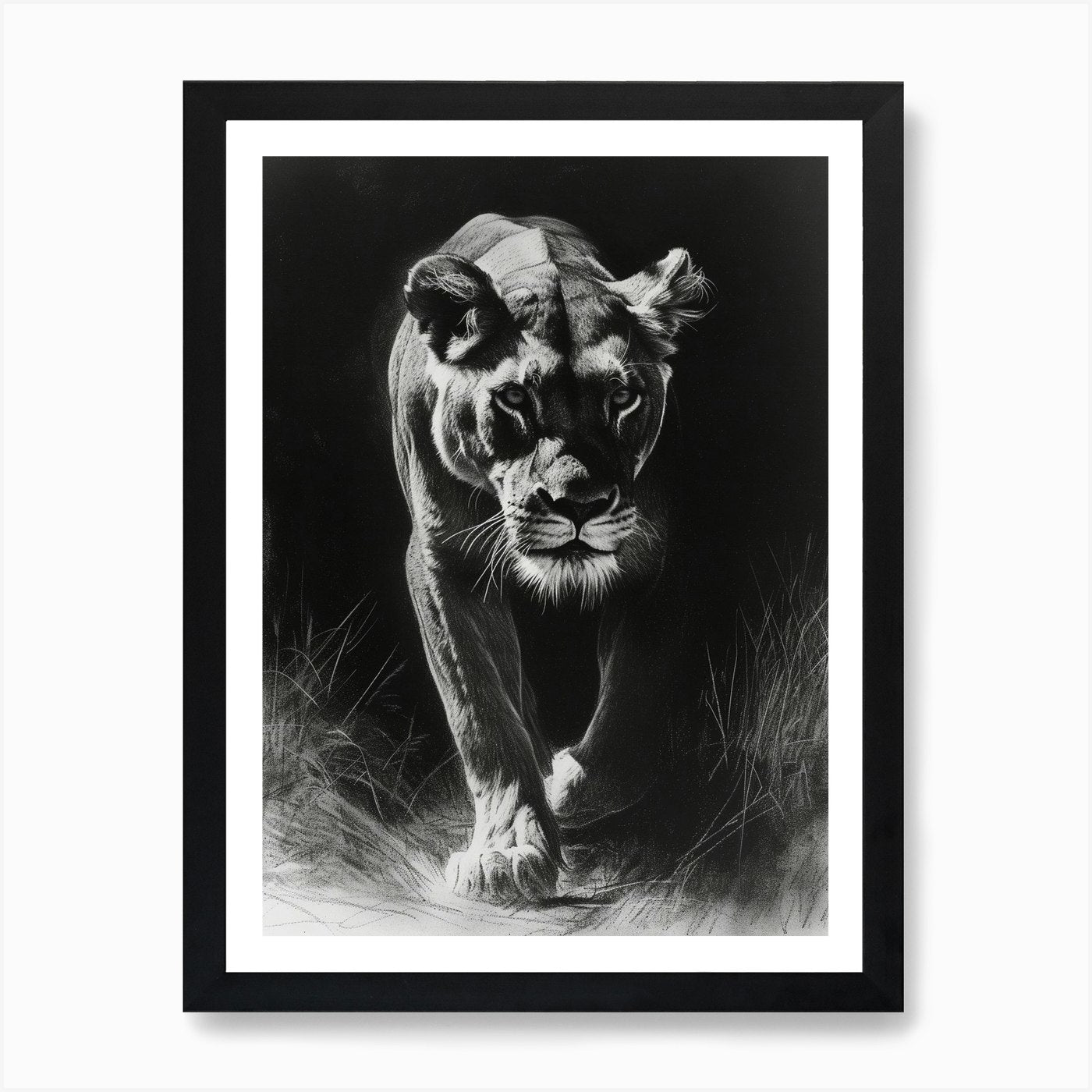 African Lion Charcoal Drawing Lione Framed Wall Art Poster Canvas Print Picture