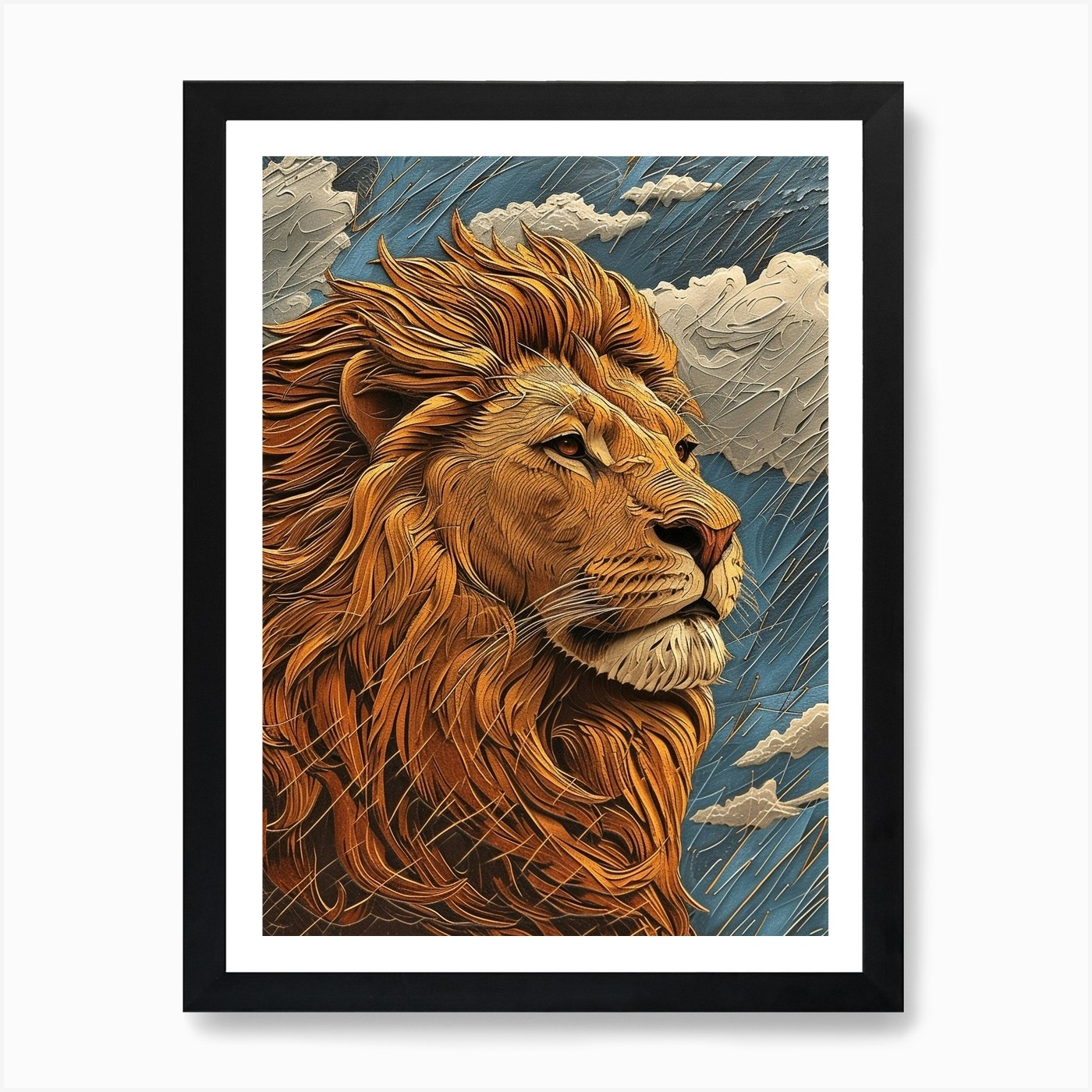 African Lion Relief Illustration Wa Framed Wall Art Poster Canvas Print Picture
