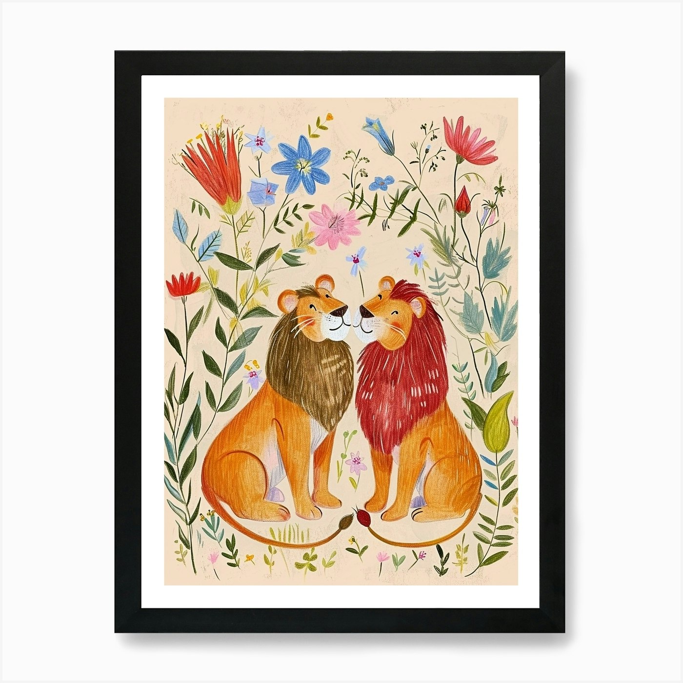 Folksy Floral Animal Drawing Lion 2 Framed Wall Art Poster Canvas Print Picture