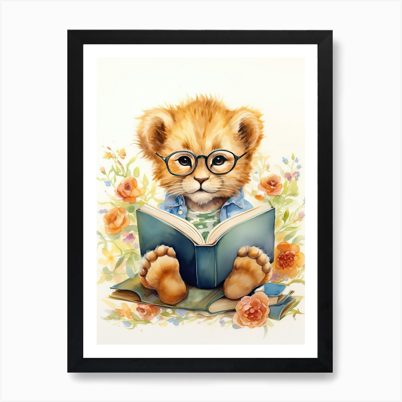 Reading Books Watercolour Lion Art Framed Wall Art Poster Canvas Print Picture