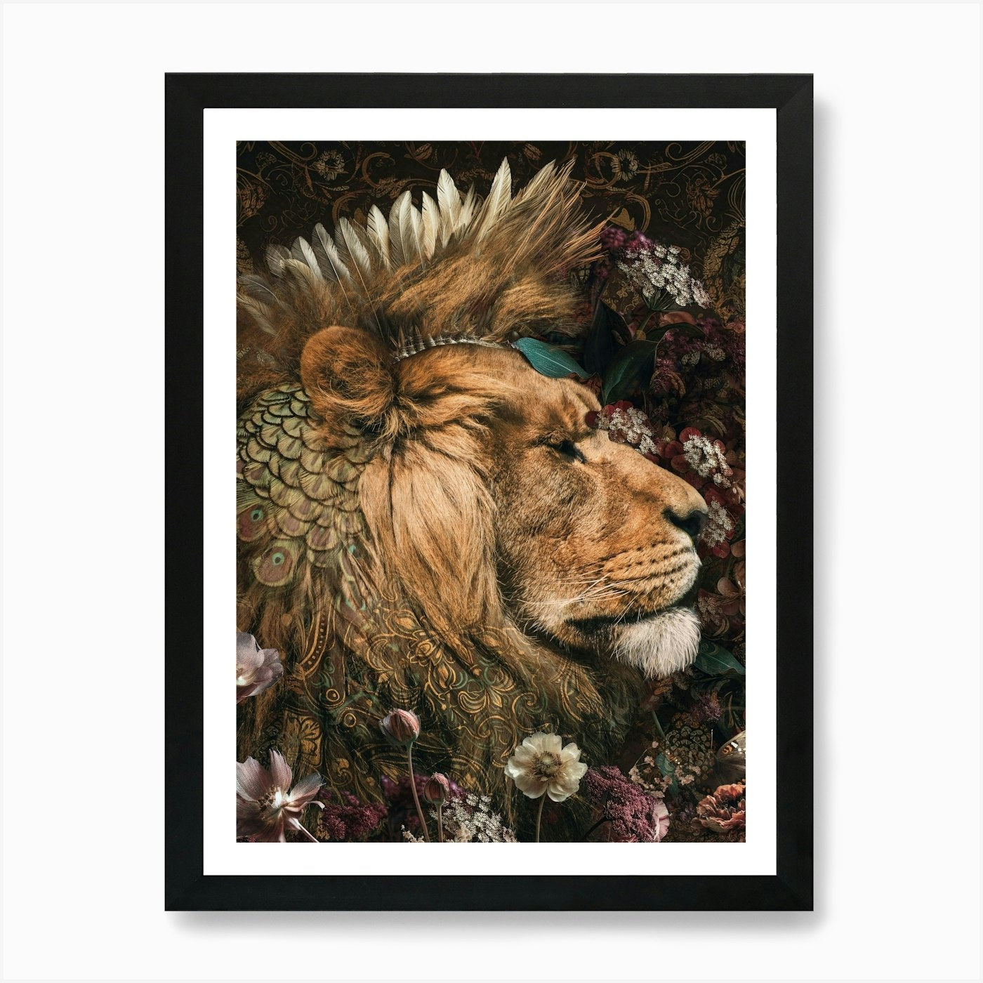 Lion with Flowers Art Print Framed Wall Art Poster Canvas Print Picture