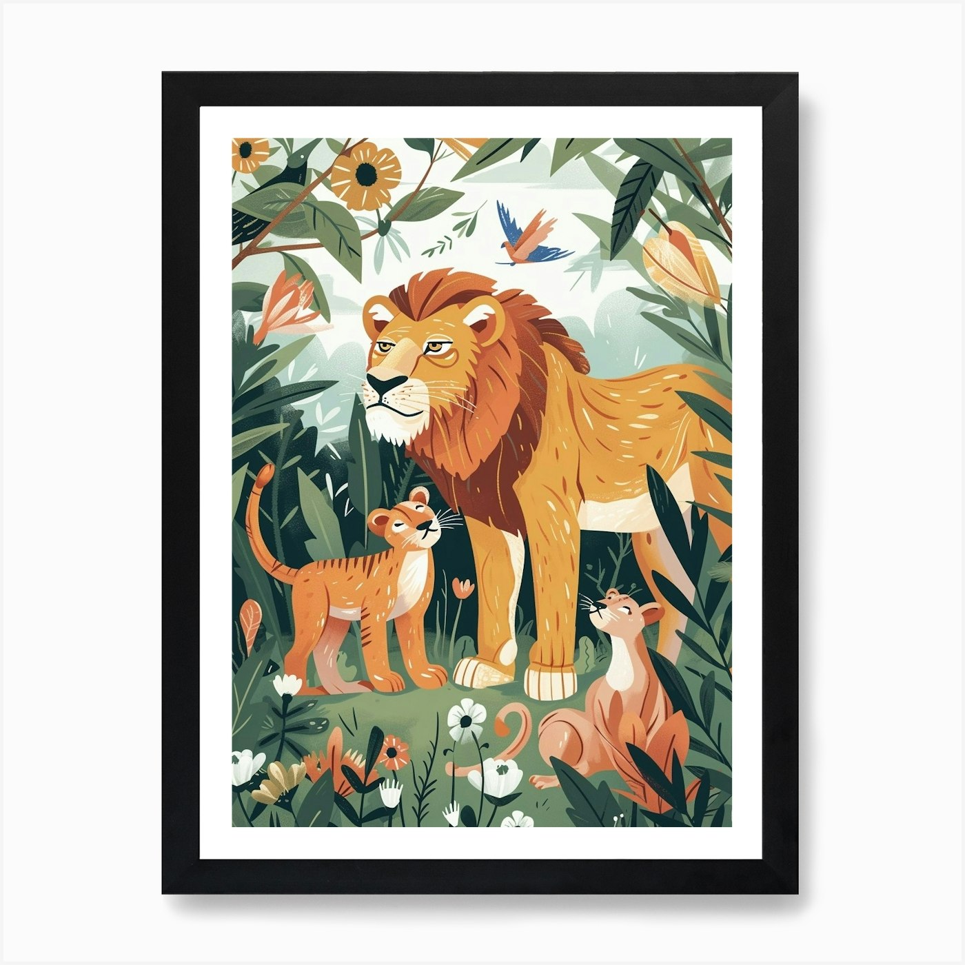 Barbary Lion Interaction Illustrati Framed Wall Art Poster Canvas Print Picture