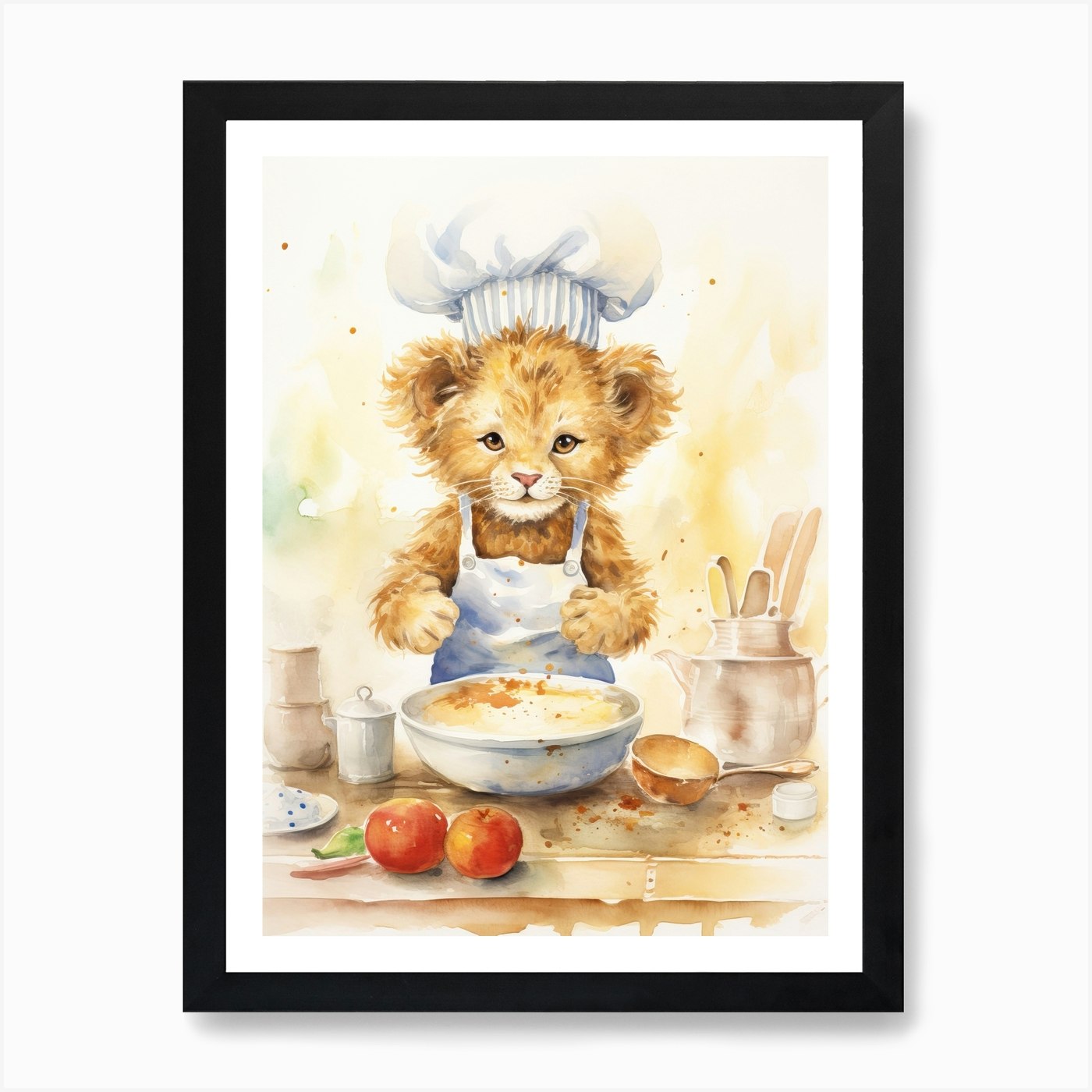 Cooking Watercolour Lion Art Painti Framed Wall Art Poster Canvas Print Picture