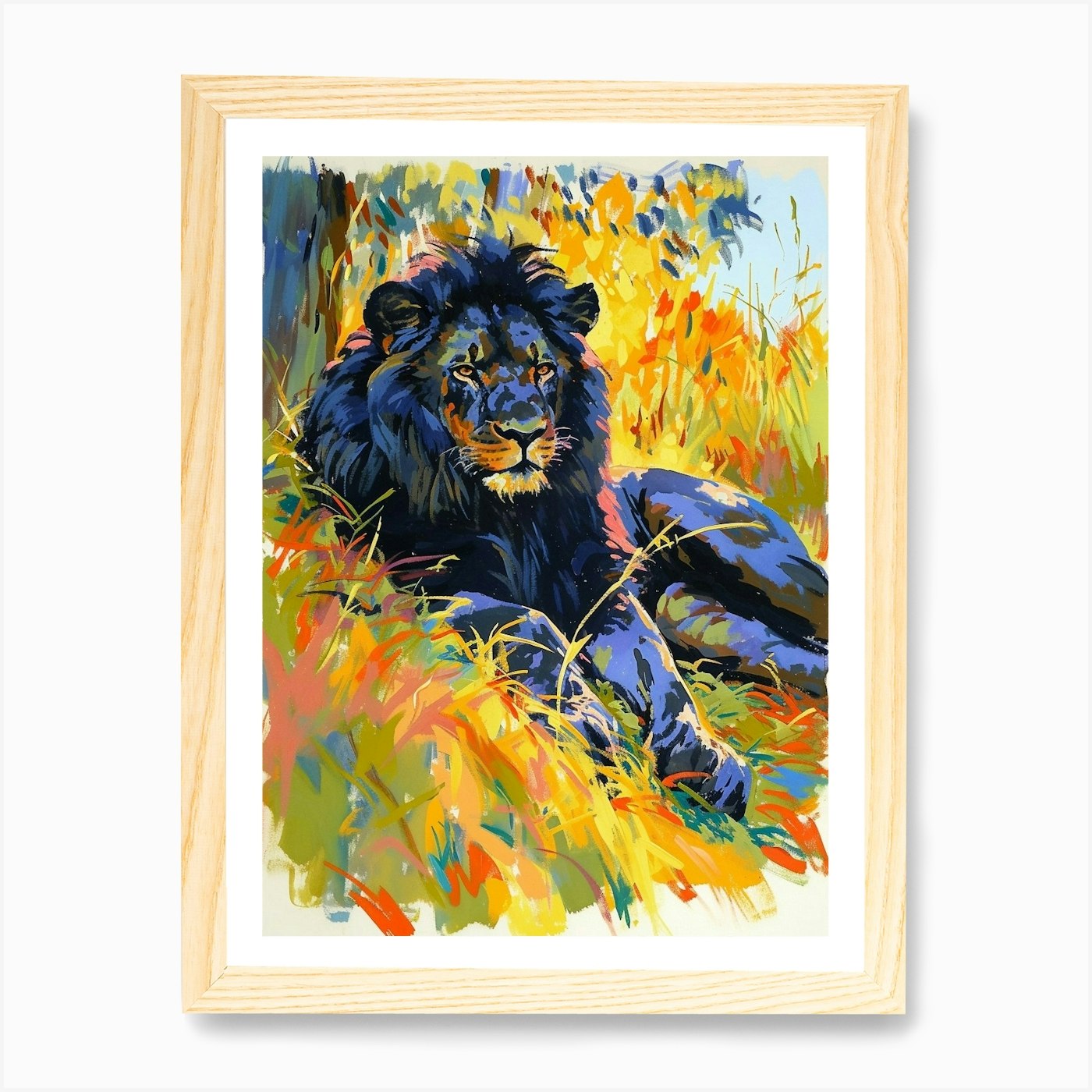 Black Lion Resting In The Sun Fauvi Framed Wall Art Poster Canvas Print Picture
