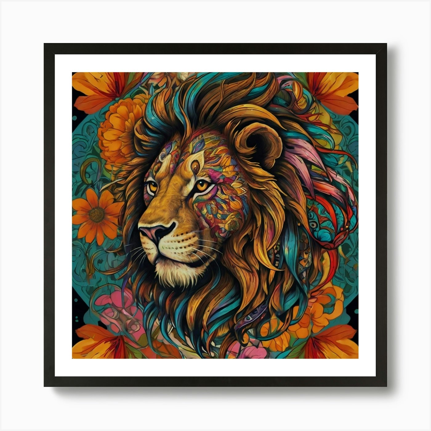 Lion With Flowers 1 Art Print Framed Wall Art Poster Canvas Print Picture