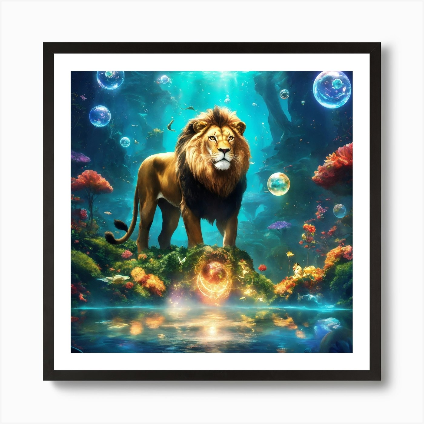 Lion In The Water Art Print Framed Wall Art Poster Canvas Print Picture
