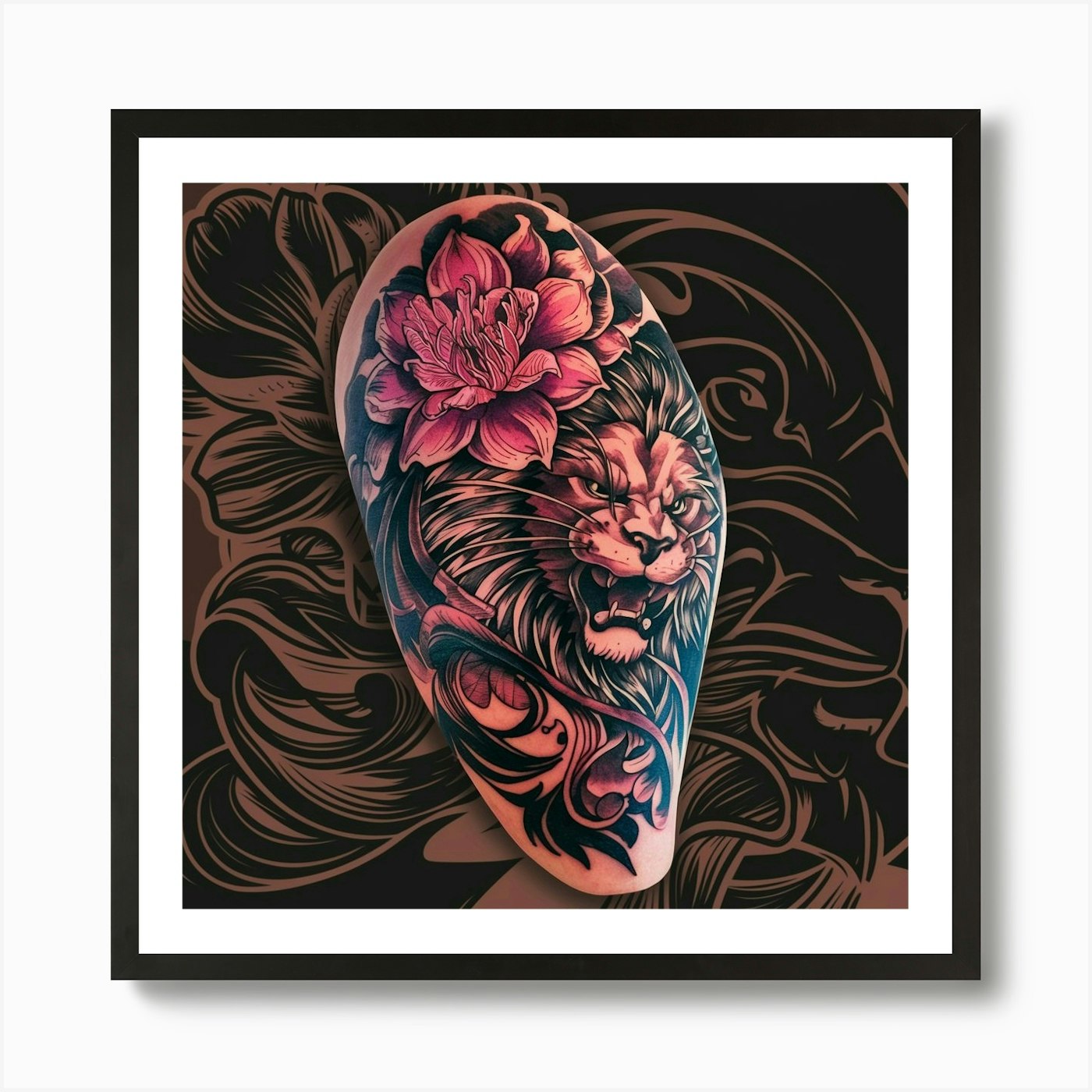 Lion With Flowers Art Print Framed Wall Art Poster Canvas Print Picture