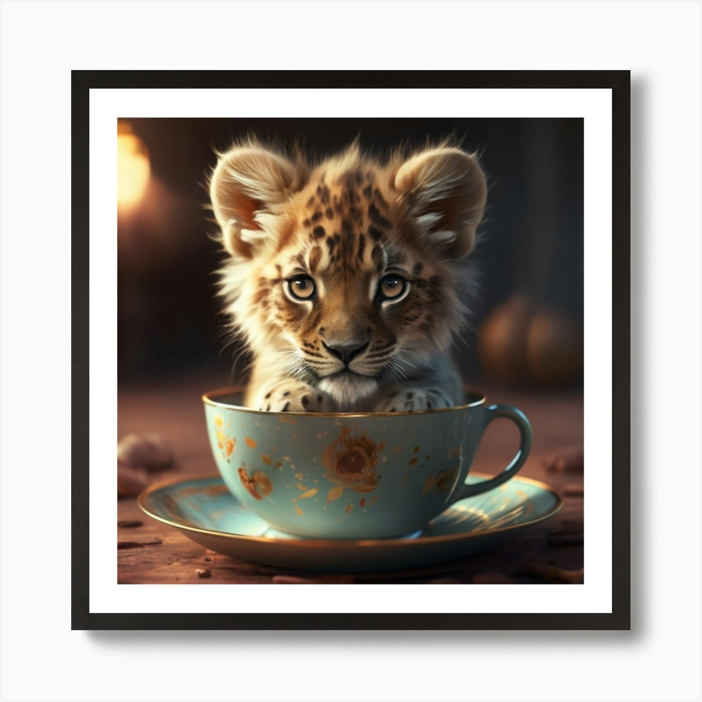 Lion Cub In A Teacup Art Print Framed Wall Art Poster Canvas Print Picture