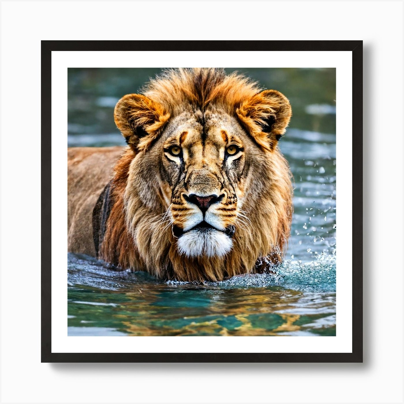 Lion In The Water Art Print Framed Wall Art Poster Canvas Print Picture