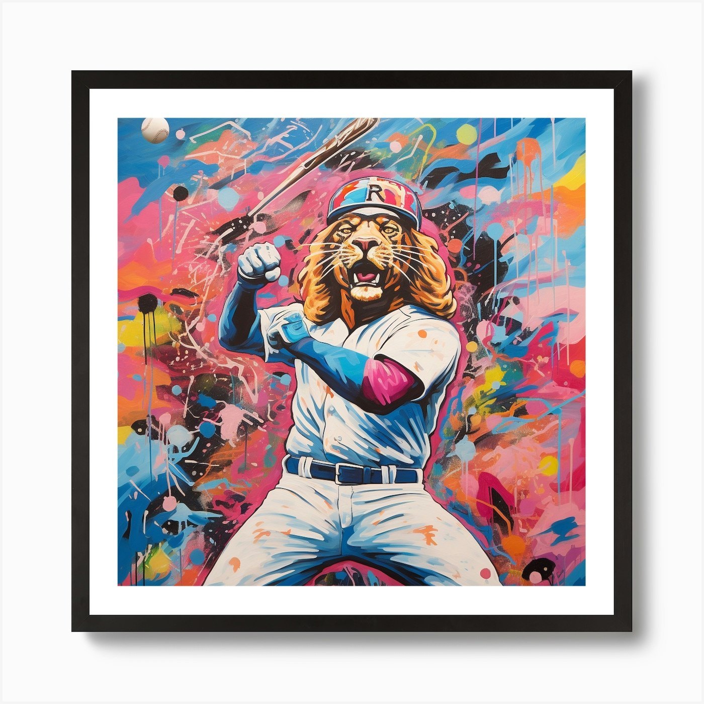 Lion Baseball Art Print Framed Wall Art Poster Canvas Print Picture