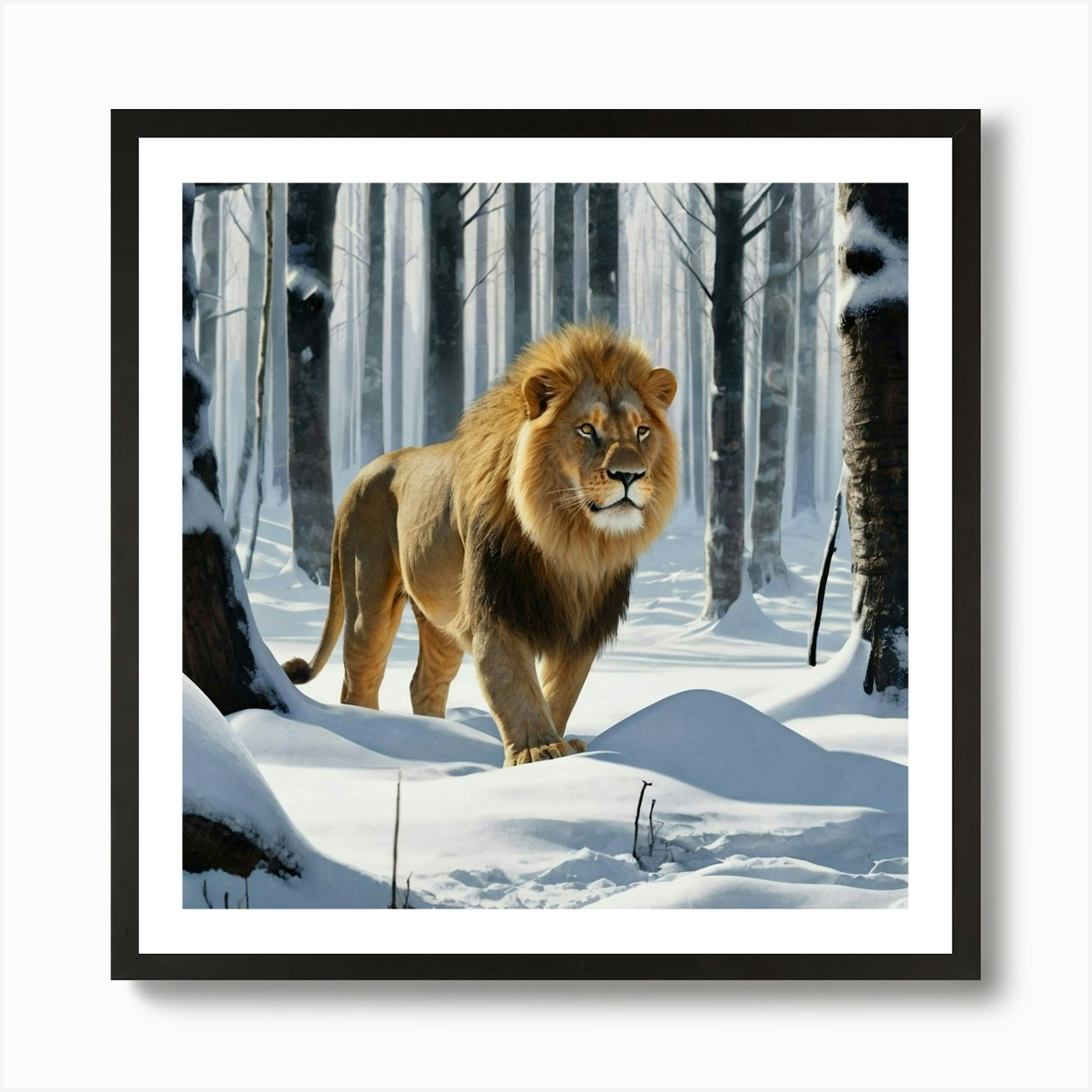 Lion In The Snow Art Print Framed Wall Art Poster Canvas Print Picture