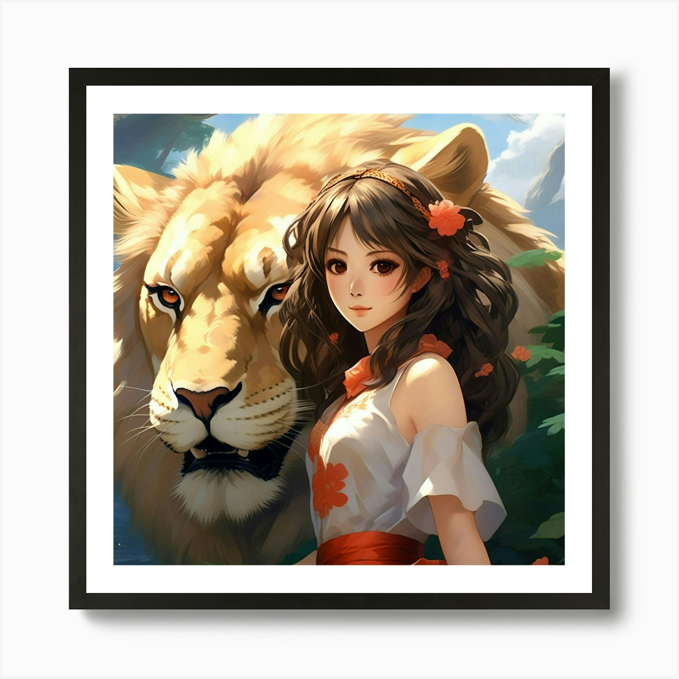 Japanese girl and Lion 1 Art Print Framed Wall Art Poster Canvas Print Picture
