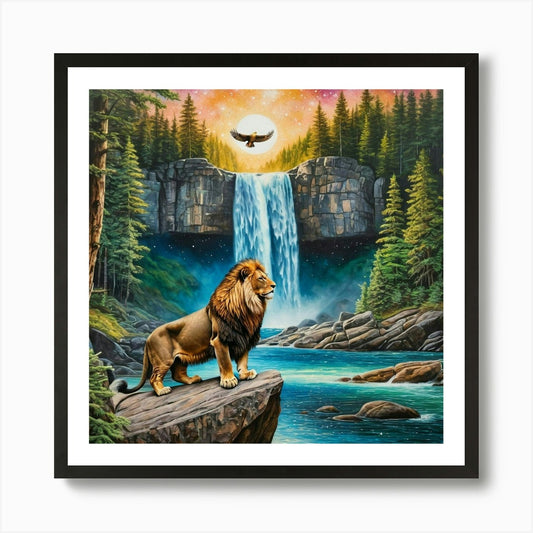 Lion At The Waterfall Art Print Framed Wall Art Poster Canvas Print Picture
