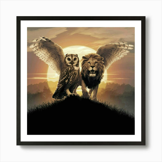 Owl And Lion Art Print Framed Wall Art Poster Canvas Print Picture