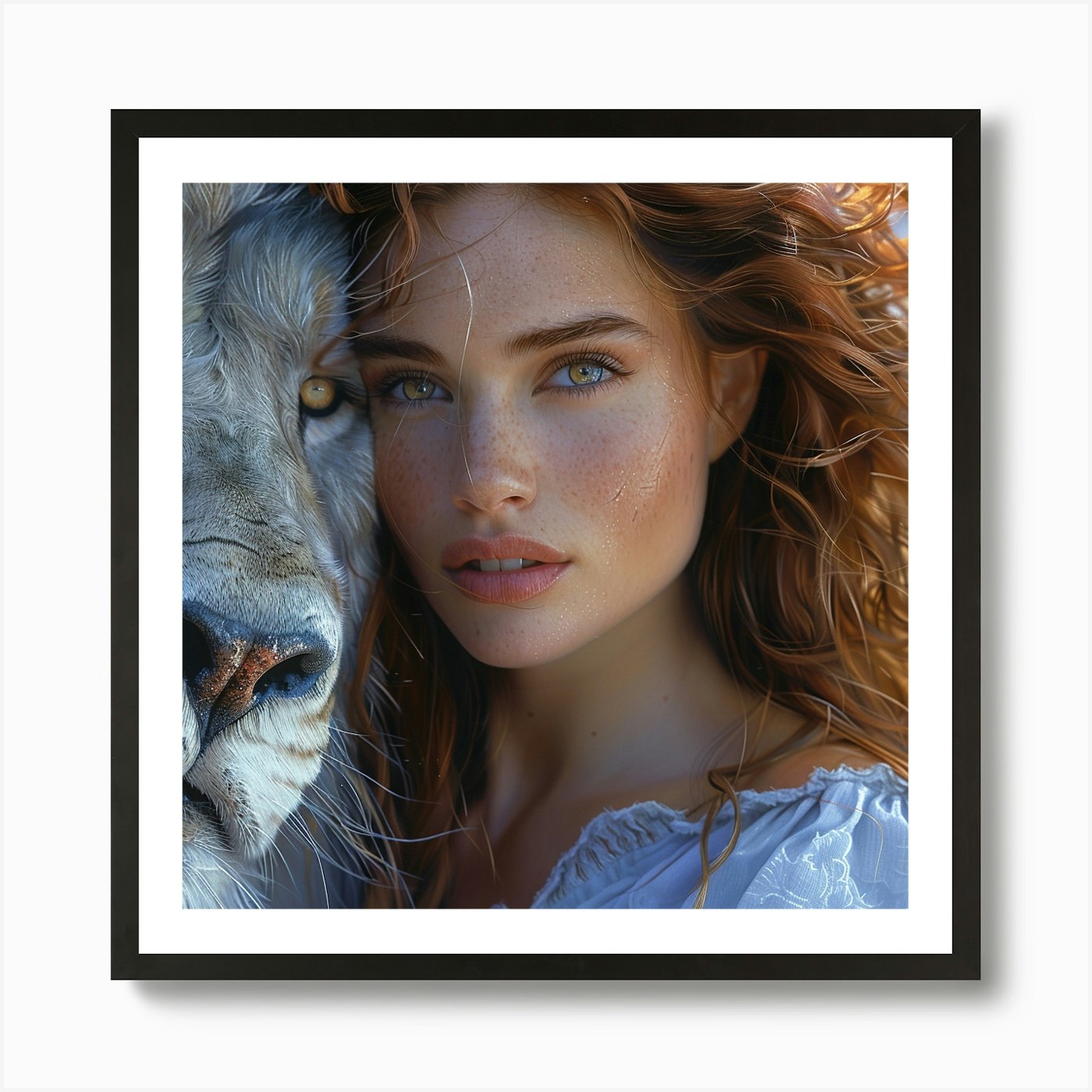 Portrait Of A Woman With A Lion Art Framed Wall Art Poster Canvas Print Picture