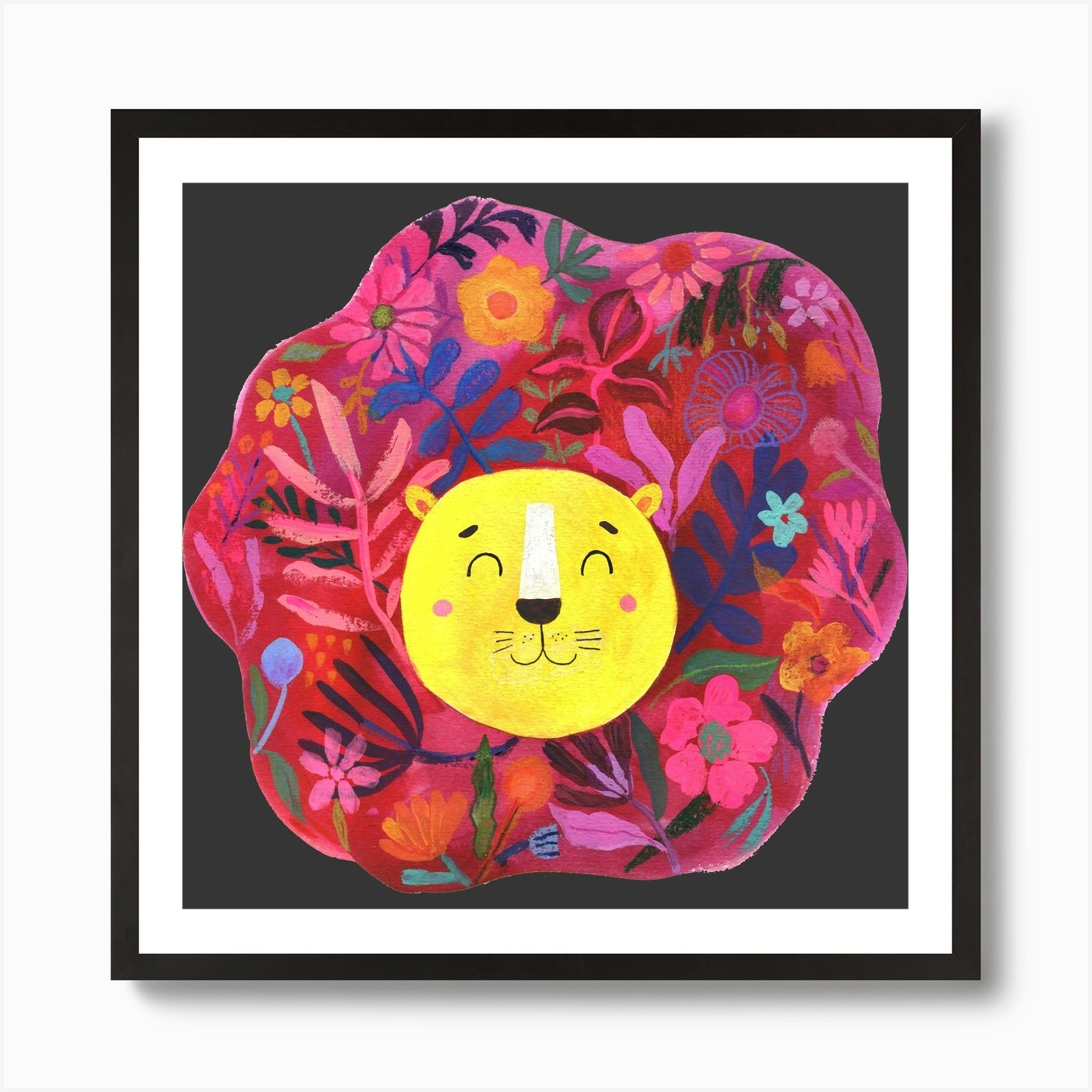 Roar Little Lion Floral Mane Square Framed Wall Art Poster Canvas Print Picture