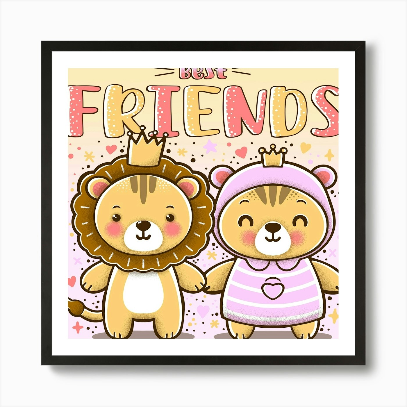 Cute Lion And Teddy Bear, Best Frie Framed Wall Art Poster Canvas Print Picture