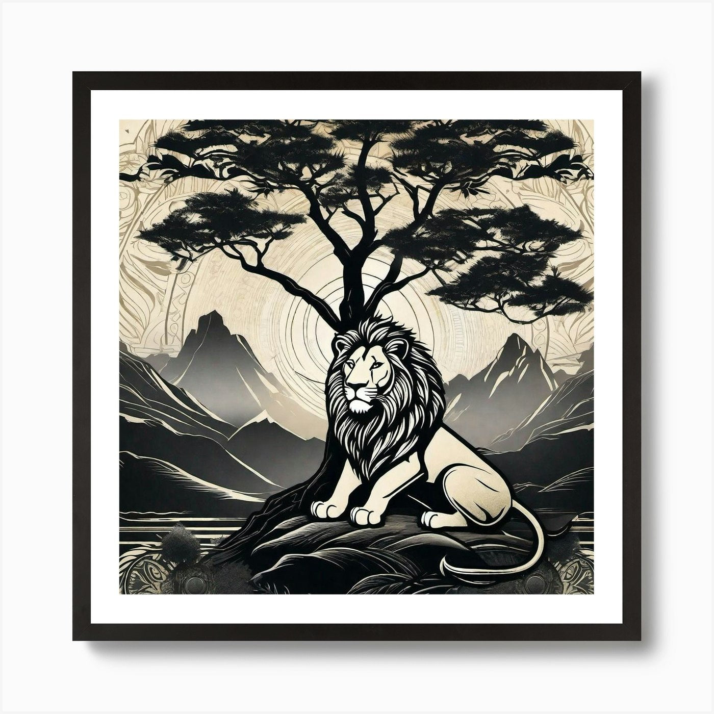 Lion And Tree 5 Art Print Framed Wall Art Poster Canvas Print Picture