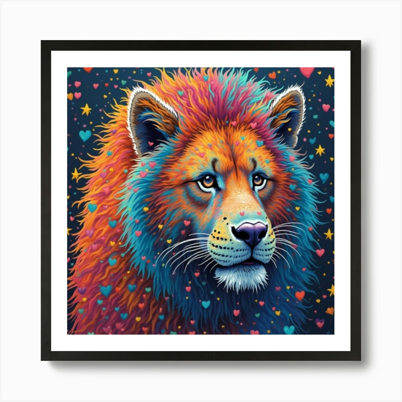 Lion With Hearts and much colors Ar Framed Wall Art Poster Canvas Print Picture
