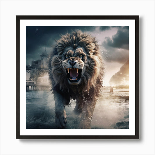 Roaring Lion Standing In The Water  Framed Wall Art Poster Canvas Print Picture