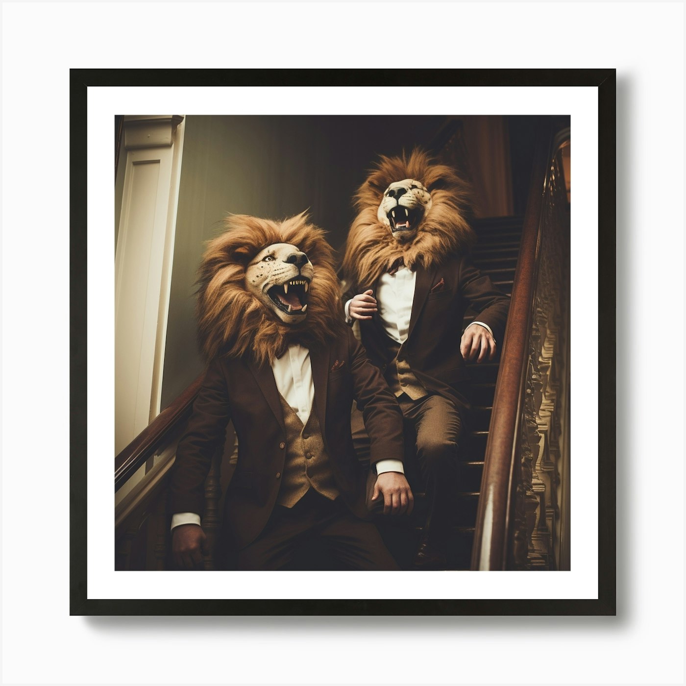 Lions On The Stairs - Friends - Cut Framed Wall Art Poster Canvas Print Picture
