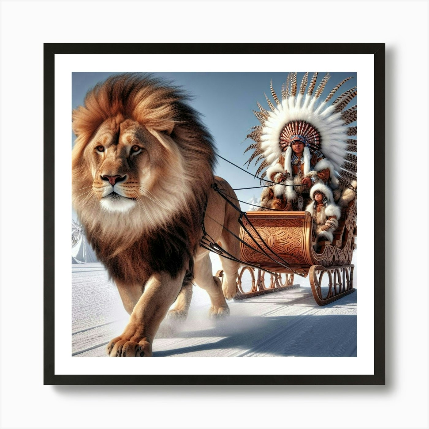 Lion And Sleigh Art Print Framed Wall Art Poster Canvas Print Picture