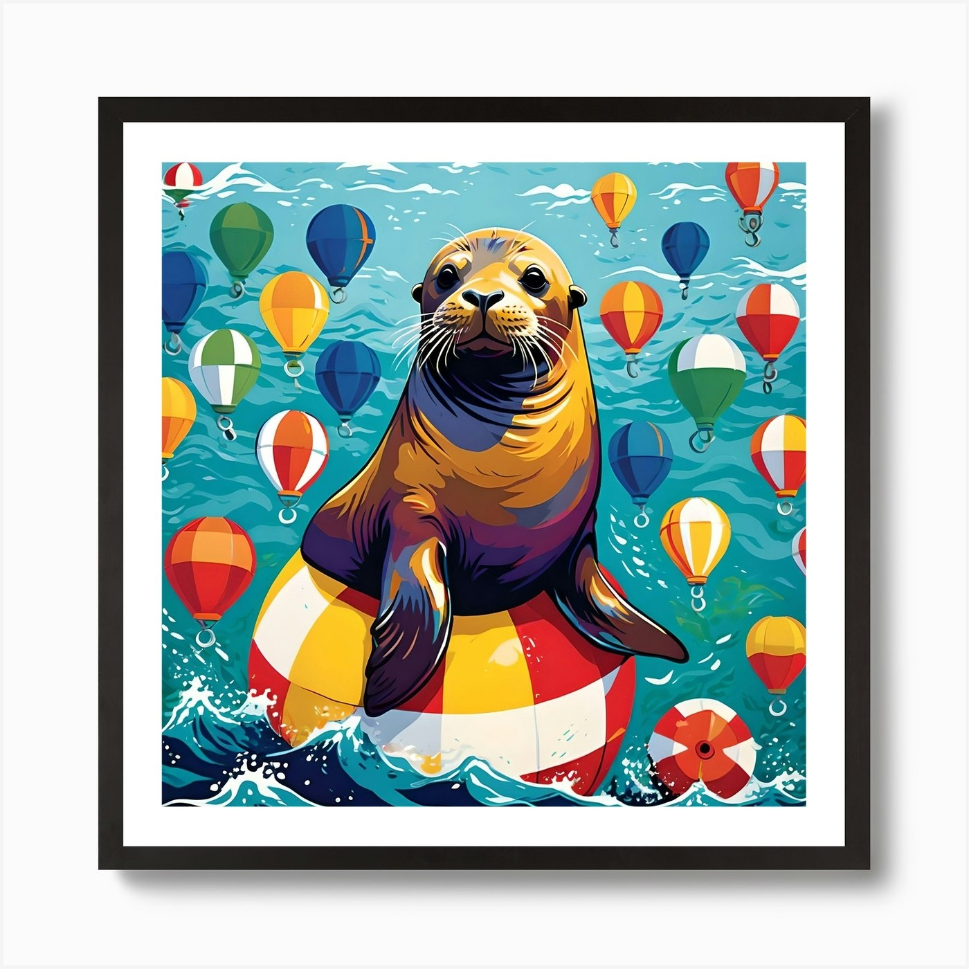 SEA LION CELEBRATES NEW YEAR Art Pr Framed Wall Art Poster Canvas Print Picture
