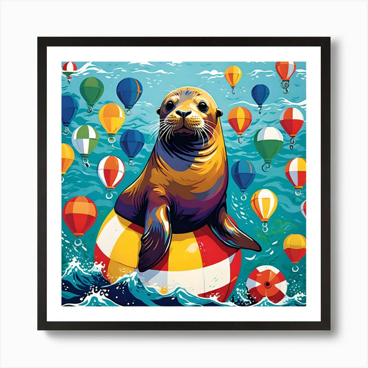 SEA LION CELEBRATES NEW YEAR Art Pr Framed Wall Art Poster Canvas Print Picture