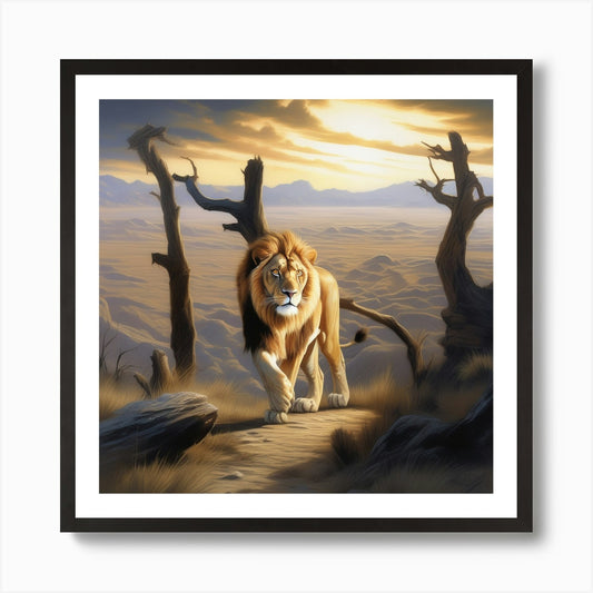 A Ferocious Lion Taking Center Stag Framed Wall Art Poster Canvas Print Picture