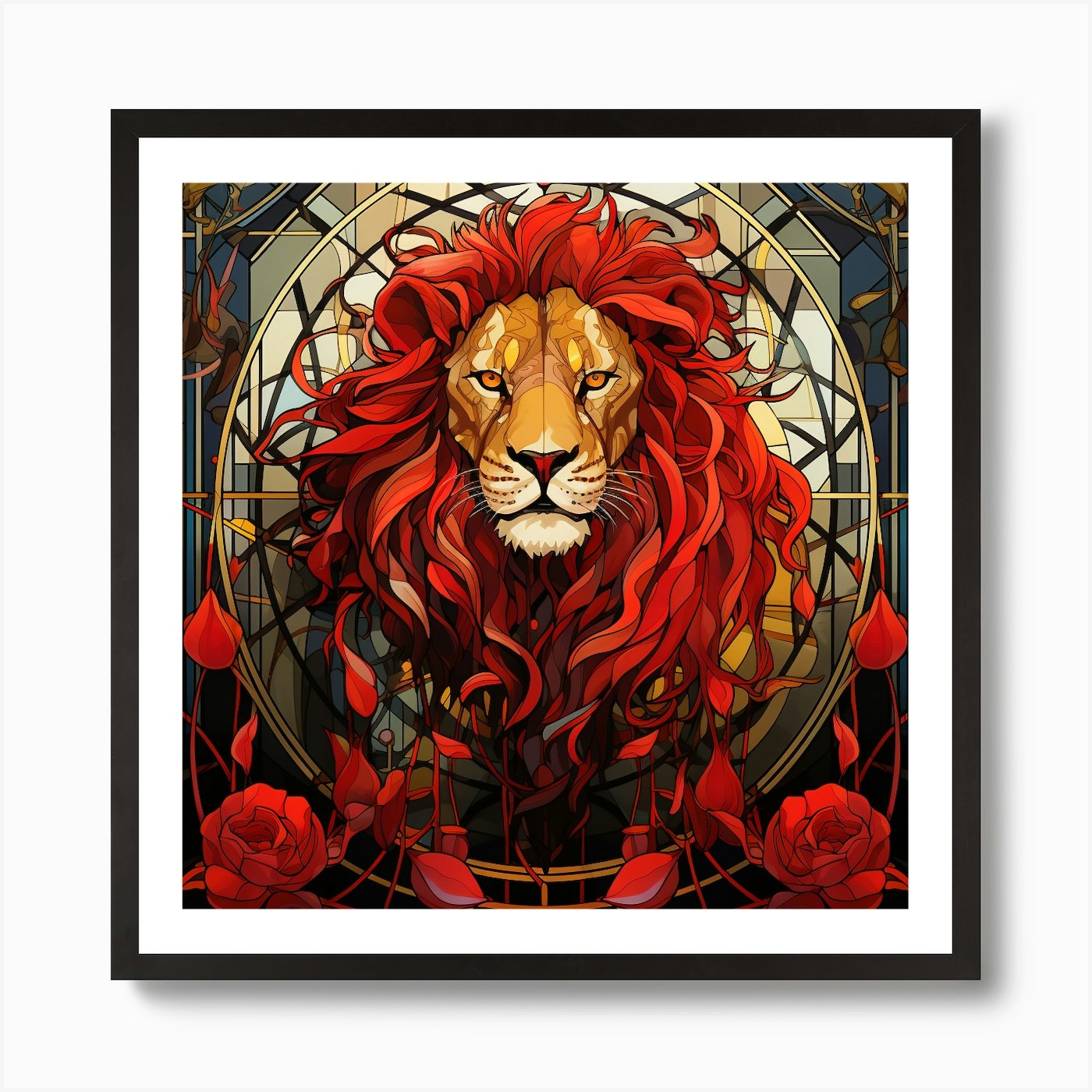 Lion With Roses Art Print Framed Wall Art Poster Canvas Print Picture