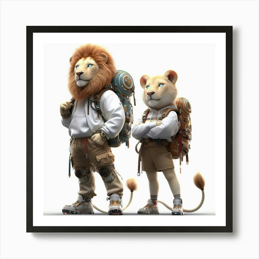 Two Lions With Backpacks Art Print Framed Wall Art Poster Canvas Print Picture
