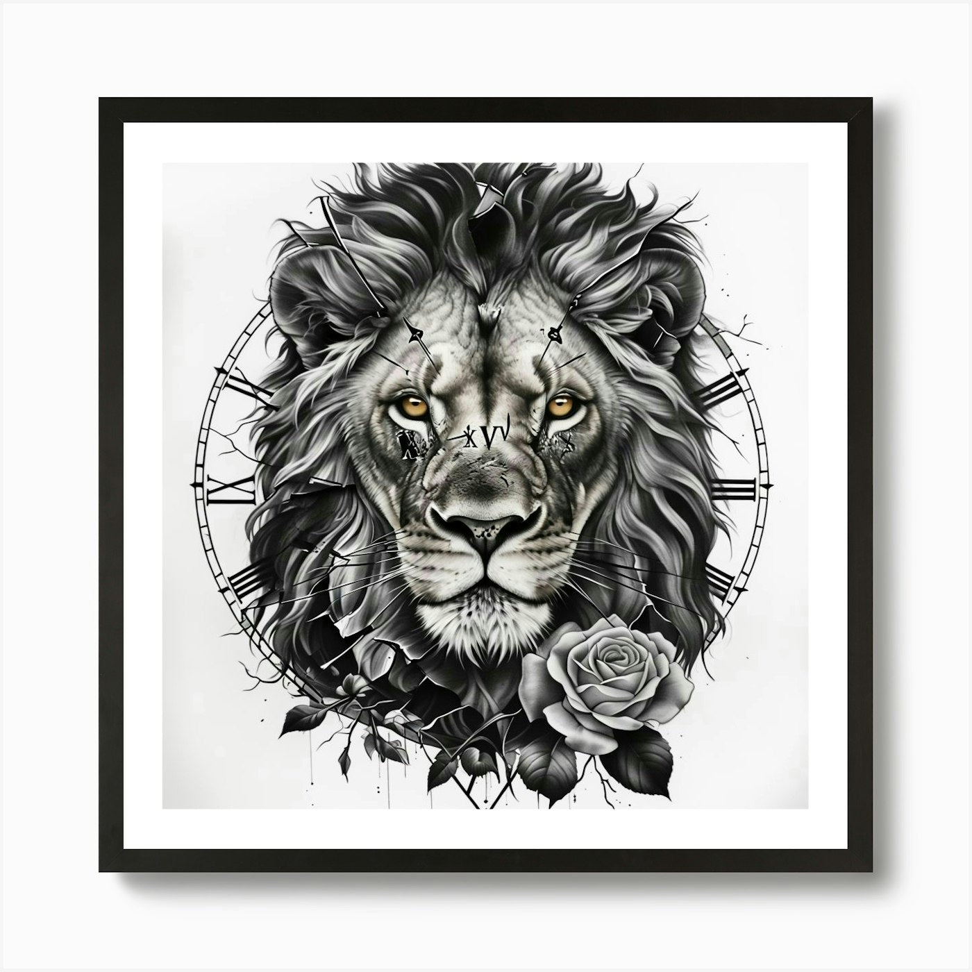 Lion And Roses Art Print Framed Wall Art Poster Canvas Print Picture
