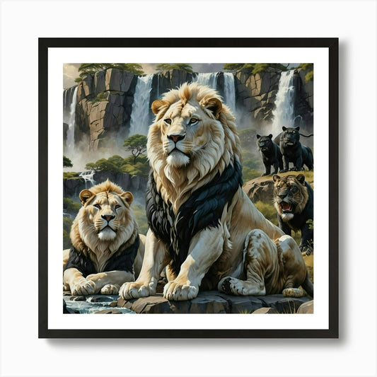 Lions At The Waterfall Art Print Framed Wall Art Poster Canvas Print Picture