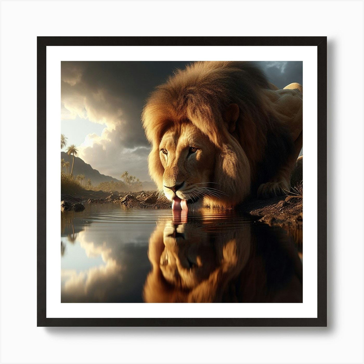 Lion Drinking Water Art Print Framed Wall Art Poster Canvas Print Picture