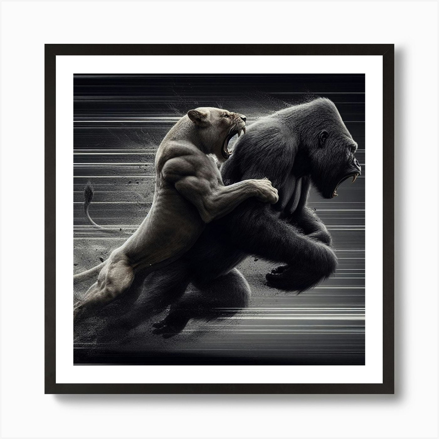 Lion And Gorilla Fighting Art Print Framed Wall Art Poster Canvas Print Picture