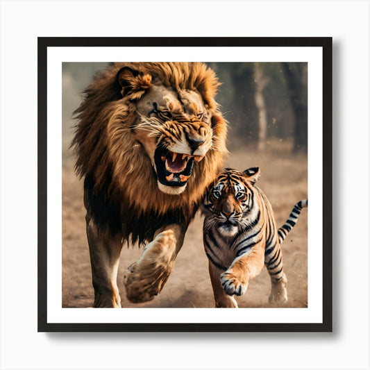 Lion And Tiger Art Print Framed Wall Art Poster Canvas Print Picture