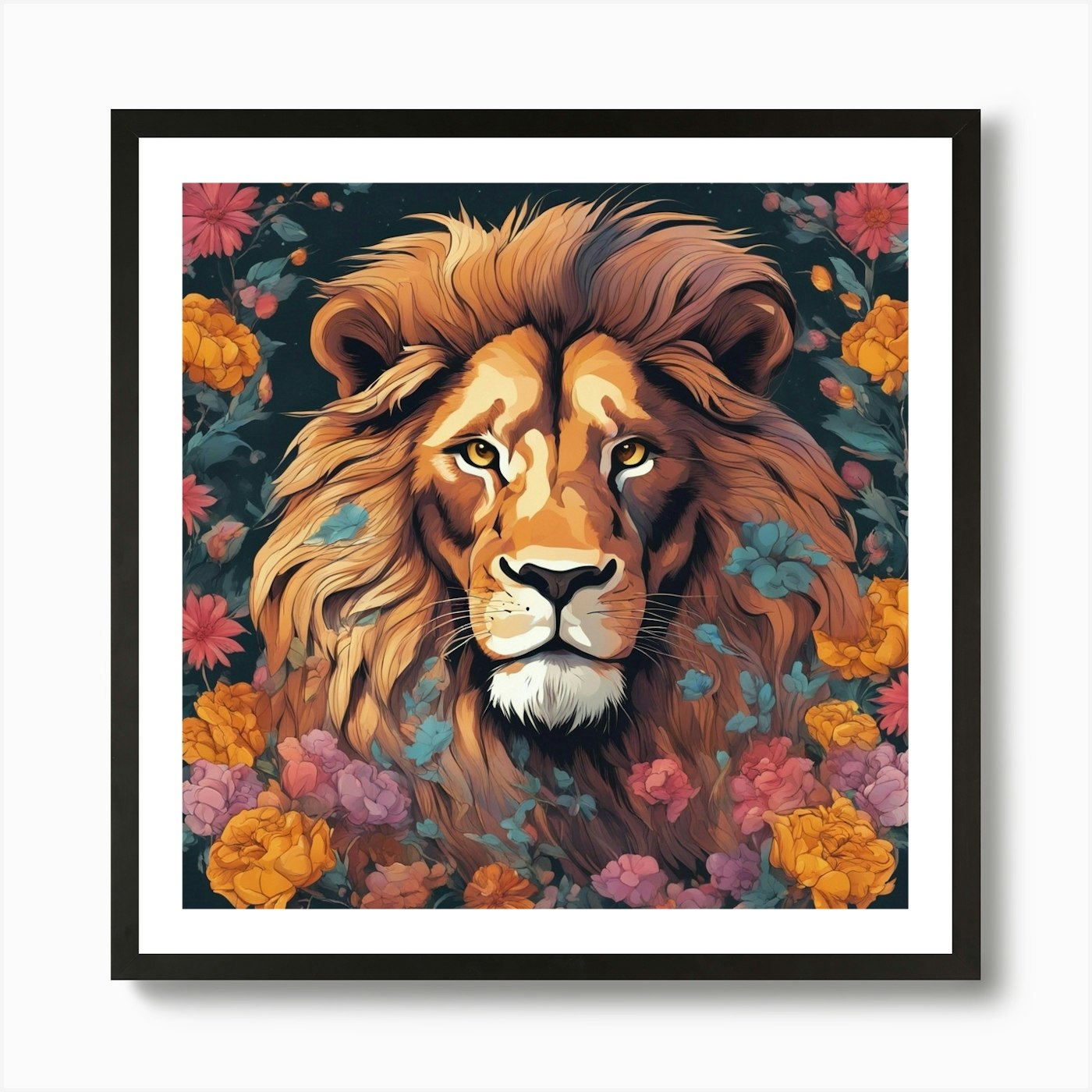 Lion With Flowers Art Print Framed Wall Art Poster Canvas Print Picture