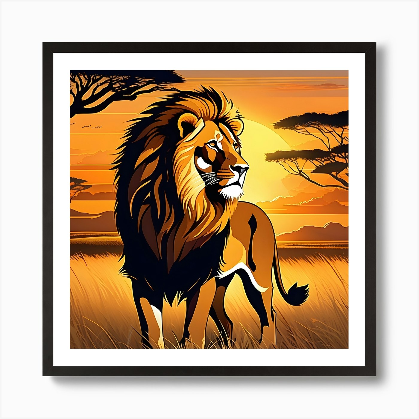 Lion In The Sunset Art Print Framed Wall Art Poster Canvas Print Picture