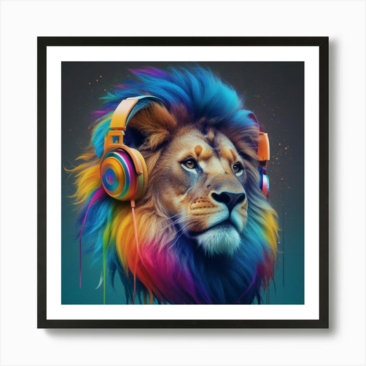 Lion With Headphones Art Print Framed Wall Art Poster Canvas Print Picture